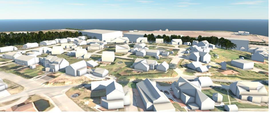 Figur 44 viser 3D-modell med maks bygningsmasse (70 % BYA - alternativ med tjenesteyting) sett fra boligområdet i syd mot næringsområdet i nord.