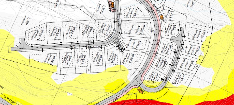 Område planlagt til boligformål ligger også utenfor gul støysone (L den <55 db) ved støykote 1,5 m. Ved 4 meters beregningshøyde berøres 8 av boligtomtene så vidt av gul støysone.