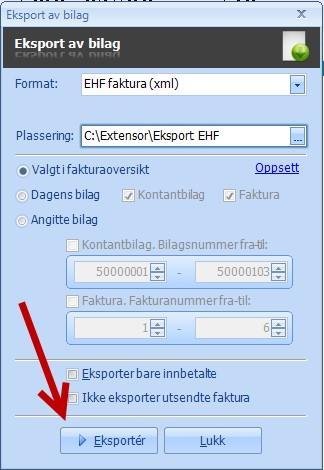 Eksport av fakturaene Når fakturaene er klare, kan du i Regnskap\Fakturaoversikt eksportere dem på EHF-format. 1.