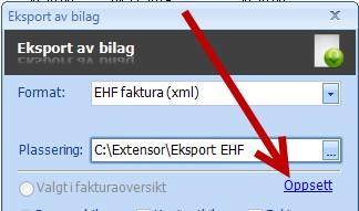 Du får da opp vinduet "Eksport av bilag". Velg Format = 'EHF Faktura (xml) og klikk deretter på [Oppsett]. Adresse endret pr. 10.