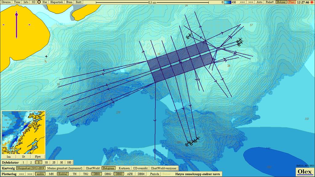 Figur V1.6.3 Anleggsramme plassert over egenmålte bunndata oppløsning (loddskudd).