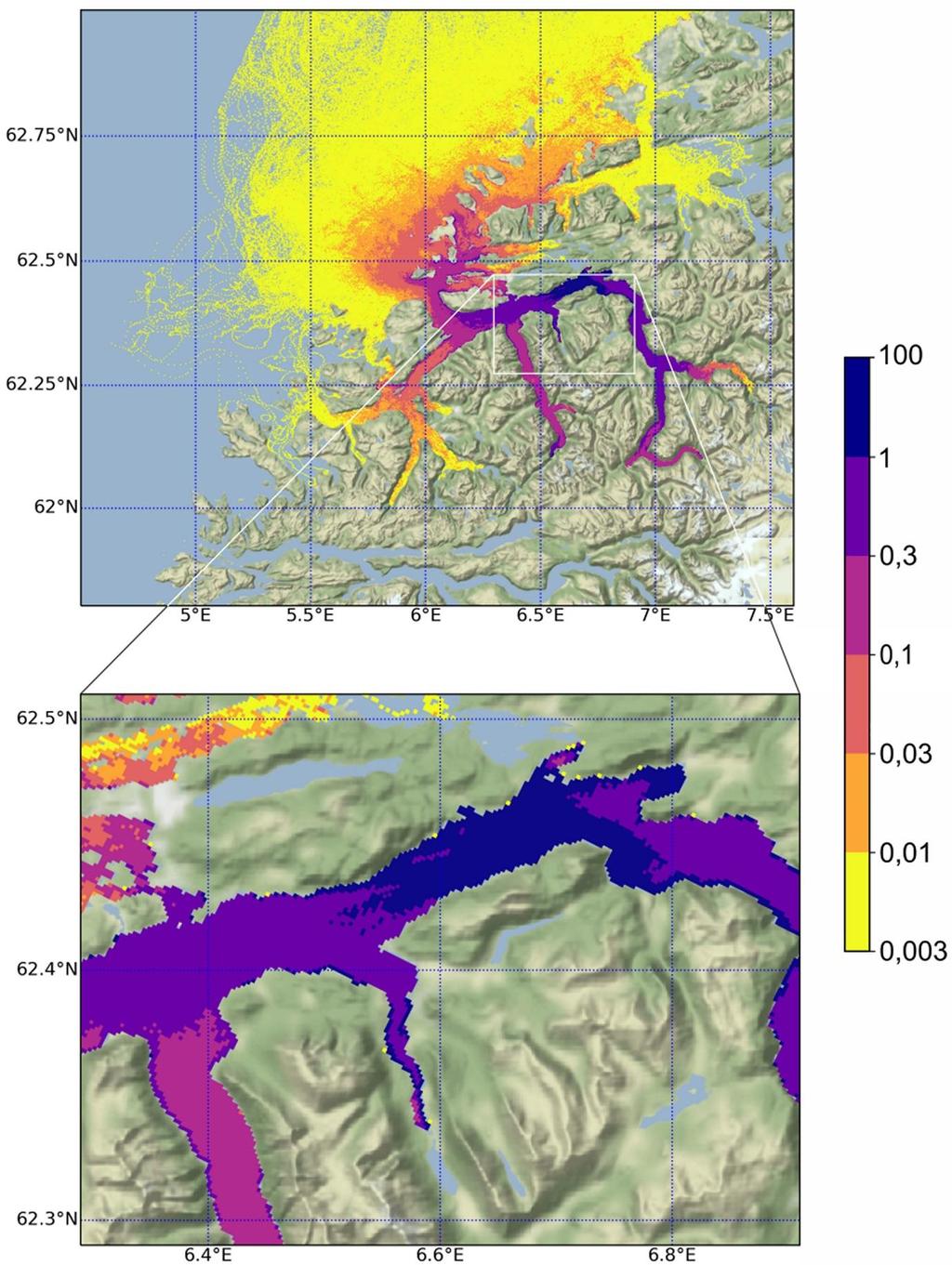 Figur 4. Spredningskart for fiskeegg med alder opp til 30 døgn i 10 m dyp fra posisjonen til det omsøkte matfiskanlegget for torsk ved Røneset, simulert med ROMS-modellen NorFjord 160.