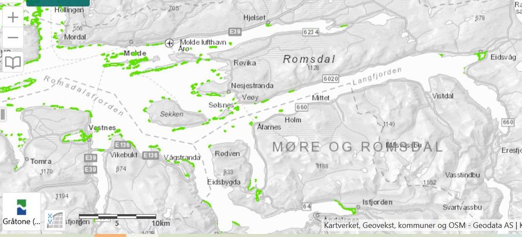 Frå Naturbase 20.4.2022. Lokalitetar kartlagd etter DN-handbok 19 er merka med grønt.