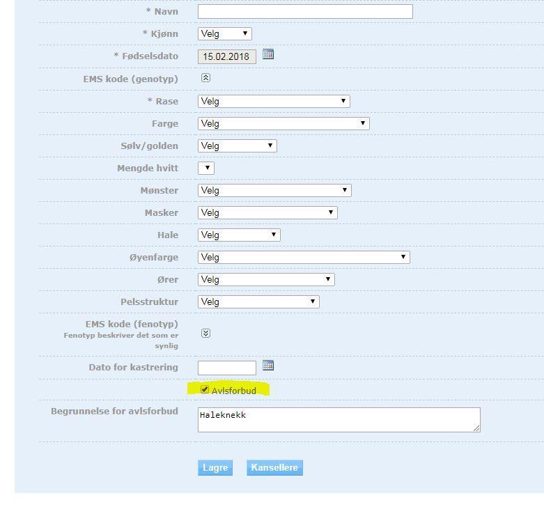 Her fyller du inn kattungens navn (VIKTIG - ikke skriv inn stamnavnet her, det føres inn av systemet!), velg kjønn, rase og EMS-kode. EMS-koden er delt opp i sine enkelte deler.