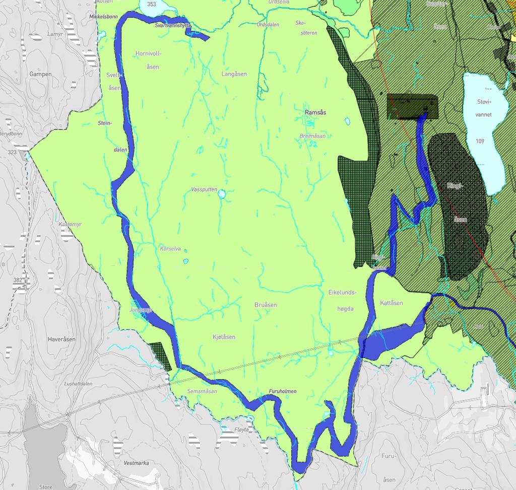Kommuneplan med varslet planområde, blå «slange» (unntatt den bredere utstikkeren til høyre, som er turveiplanen fra Kattås til Franskleiv) 2.