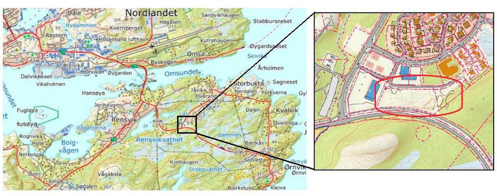 Områdebeskrivelse Planområdet er 13,6 daa, og ligger nord på Frei, nær vegkrysset mellom Fv6096 (Kvalvågveien) og Fv6102 (Kvalvikveien).