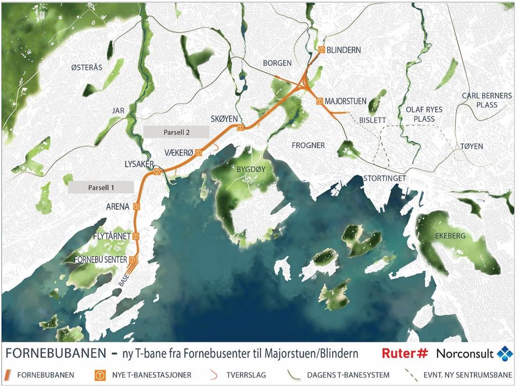 2 Beskrivelse av Fornebubanen Fornebubanen er planlagt som en moderne T-bane mellom Fornebu senter og Majorstuen. Banen er ca. 8,5 km lang med 7 stasjoner, derav 3 i Oslo.