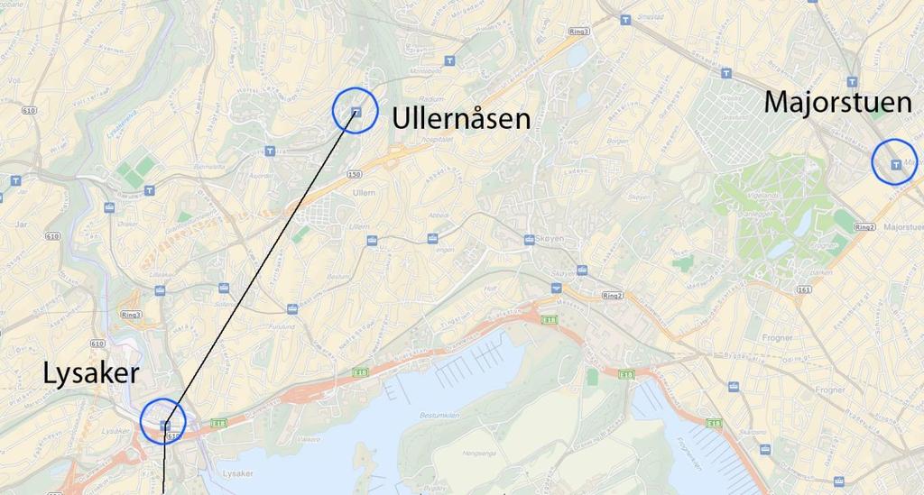 Figur 23: T-bane via Ullernåsen og Kolsåsbanen. (Kart: finn.no) Det er lagt opp til seks beregningsalternativer, som er beskrevet nedenfor og i Figur 24 til Figur 29.