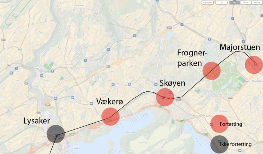 Figur 26: Alternativ 3 T-bane om Skøyen uten stopp på Vækerø. Uten fortetting. (Kart: finn.