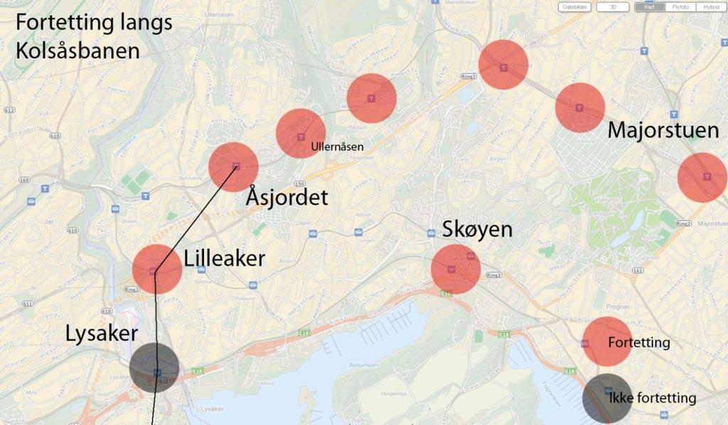Figur 28: Alternativ 6 T-bane om Lilleaker og Åsjordet. Med fortetting, også på Skøyen. (Kart: finn.