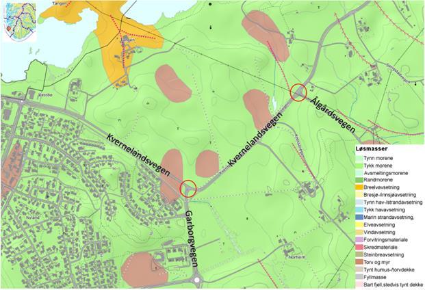 Grunnforhold Geotekniske forhold FIGUR 12 LAUSMASSEKART (NGU KARTDATABASE,2020) Oversiktskart over prosjektområdet viser at lausmassane består av tjukke moreneavsetningar og lokale torvavsetningar