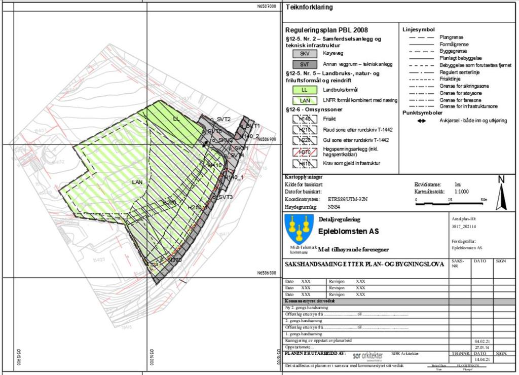 Området blir regulert til kombinert formål landbruk/næring, og vil delvis vera i strid med reguleringsformål i overordna plan, som er LNFR og bustadformål.