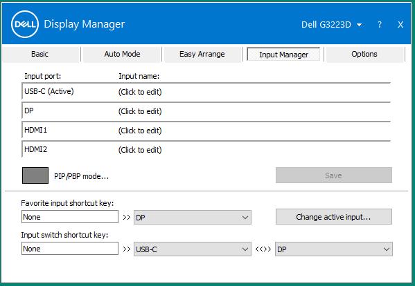 Administrere flere videoinnganger Fanen Input Manager (Inngangsadministrasjon) lar deg administrere flere videoinnganger som er koblet til Dell-skjermen.