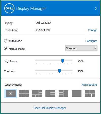 Velge alternativer for hurtiginnstillinger Klikk Dell Display Manager i systemstatusfeltet. Quick Settings (Hurtiginnstillinger)-vinduet vises.