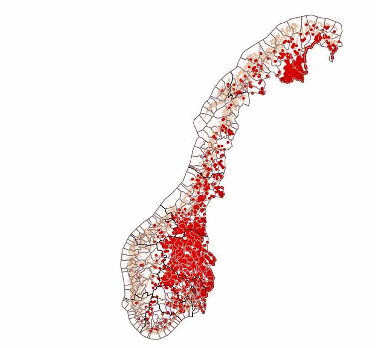 K a p i t t e l S E N - H O L O C E N Registrerte fangstgraver (sorte) sammen med fangstgroper som er anlagt langsetter daler i Norge (røde). Begge typer er trolig i hovedsak anlagt for reinfangst.