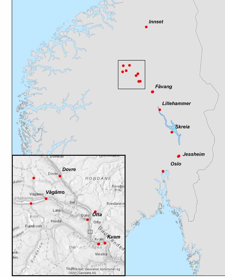 Kartet viser steder for samtlige kjente funn av ullhåret mammut og moskusfe (Innset) i Norge fra weichsel-istiden. I tillegg er eneste innlandsfunn av rein fra istiden inkludert (merket Jessheim).