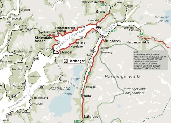 Nasjonal Turistveg Hardanger består av fire strekninger; Granvin-Steinsdalsfossen, Norheimsund- Tørvikbygd, Jondal-Utne og Kinsarvik-Låtefoss. Strekningene er tilsammen 158 km lang.