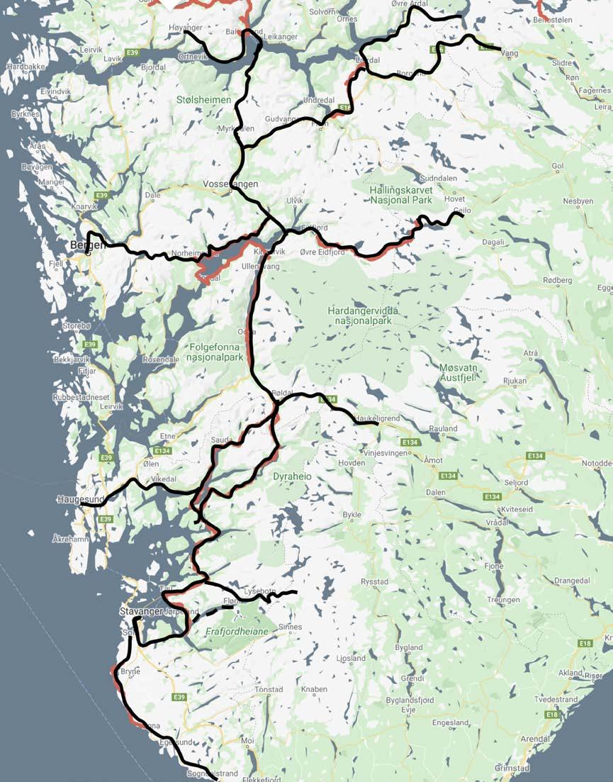 3.3 Kart med inntegnede ruter og sammenhengende rute i hele området På kartet er det tegnet inn de ulike rutene