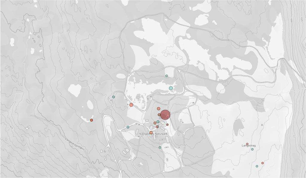 Figur 7: Utsnitt fra www.artsdatabanken.no viser registrerte arter i området. Flere av artene er det Langedrag naturpark som legger til rette for.