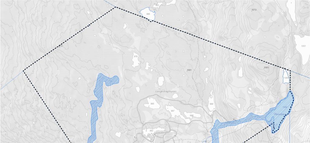 Figur 9: Utsnittet viser aktsomhetssoner for flom innenfor foreløpig plangrense (flomsoner hentet fra www.atlas.nve.no). 3.5.