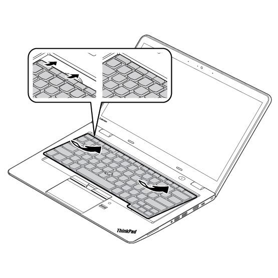 2. Skyv tastaturet inn i holderen, som vist. Pass på at den fremre kanten på tastaturet (kanten nær skjermen) er under rammen til tastaturholderen. 3.
