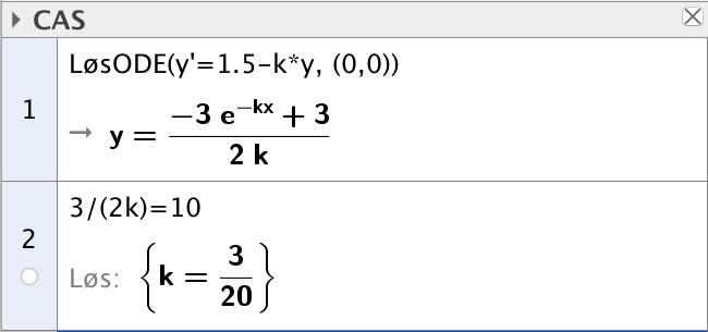 d) Vi kan sette opp følgende differensiallikning: y ' = 1,5 ky, med initialbetingelsen y(0) = 0.