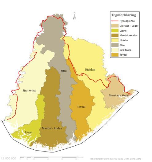 Agder vannregion Gjerstad-Vegår: Arendal, Tvedestrand, Risør, Kragerø, Vegårshei og Gjerstad Nidelva: Grimstad, Arendal, Froland, Åmli, Nissedal, Fyresdal, Kviteseid, Tokke og Valle Tovdal: