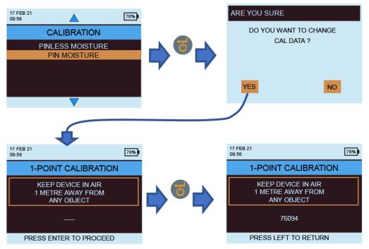 Hvis du vil kontrollere om pin-fuktigheten er kalibrert, velger du pin-fuktighet fra kalibreringsmenyen. Kontroller at WME-hetten er lukket og at ingen WMEsonde er koblet til enheten.