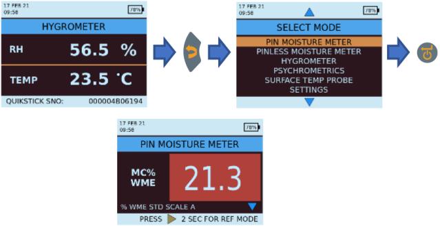 under driftsnivået, viser instrumentet meldingen: BATTERY LOW 4. MMS3-moduser Protimeter MMS3 kan brukes til å oppdage og måle fuktighet i ikke-ledende faste materialer som tre, gips og murverk.