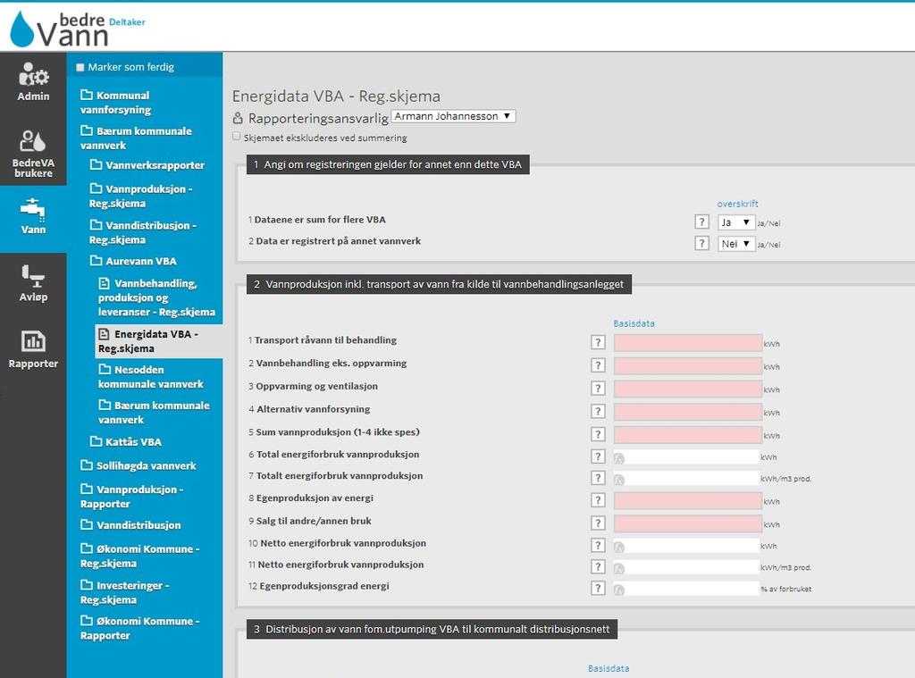 4.1.4 Nivå2. Registrering av energidata vannproduksjon registreres på VBA I bedrevann er det ett skjema pr. vannbehandlingsanlegg.