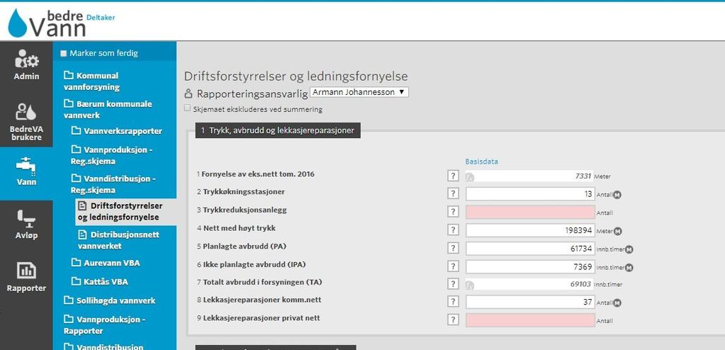 4.2.3 Registrering på distribusjonsnettet (vannverksnivå) Skjema Driftsforstyrrelser og ledningsfornyelse: Antall trykkreduksjonsanlegg, lekkasjereparasjoner på private stikkledninger samt antall