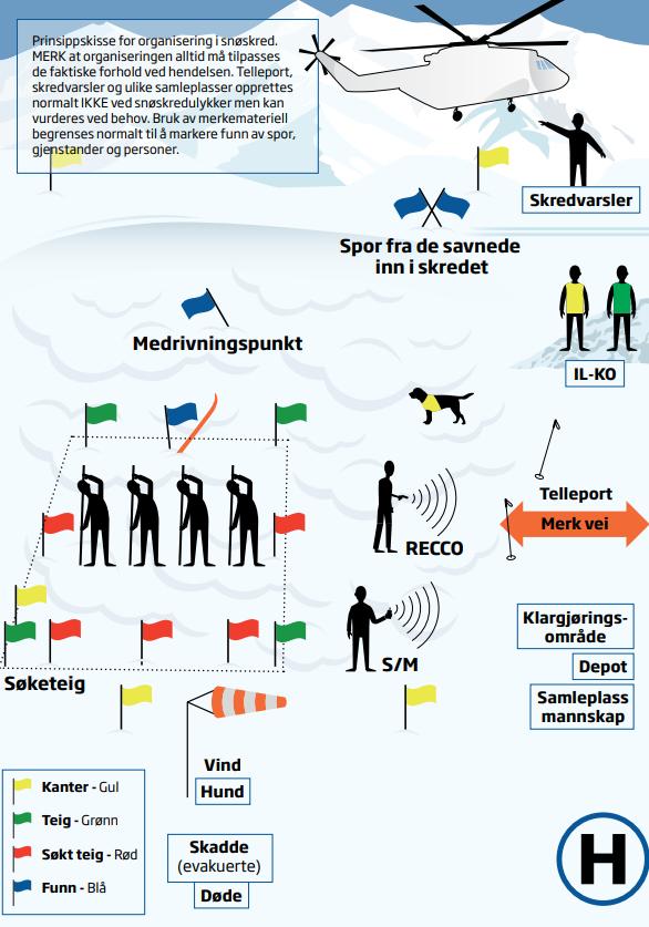 Kommunisere med selve politiets innsatsleder og andre redningsressurser (Hovedredningssentralen, 2019) Figur 4 - Prinsippskisse for organisering i snøskred (Hovedredningssentralen, 2019).