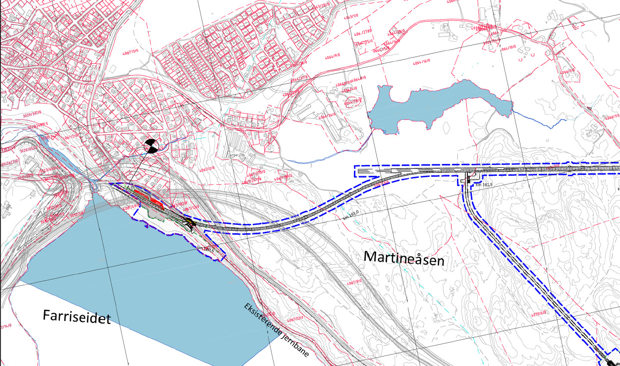 Figur 3 Gjeldende regulering av ny tunnel under Martineåsen (nord peker ned). 3.1.
