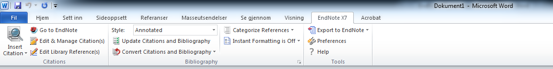 Word og EndNote : Cite while you write EndNote fungerer sammen med Word slik at du kan legge referanser fra biblioteket inn som siteringer i teksten i Word.