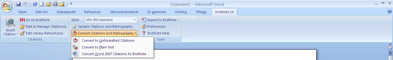 Slå på formatering Hvis siteringene ser kryptiske ut, f. eks. {Åmås, 2008 #878}, er det formateringen som er slått av.