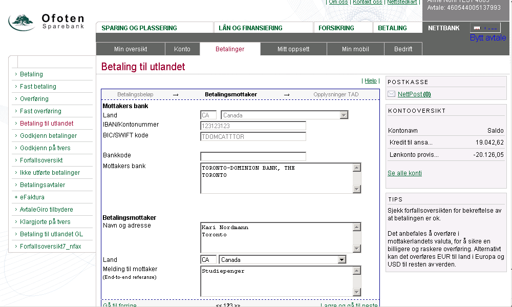 NettBanken som returnerer bankens navn og adresse. Noen land bruker andre bankkoder enn BIC/SWIFT-kode.