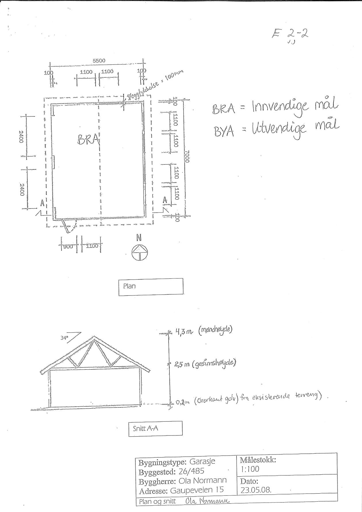 Plantegning med inntegnet veggtykkelse og dører, porter og vinduer BYA = utvendig mål 5,5x7 = 38,5 m2