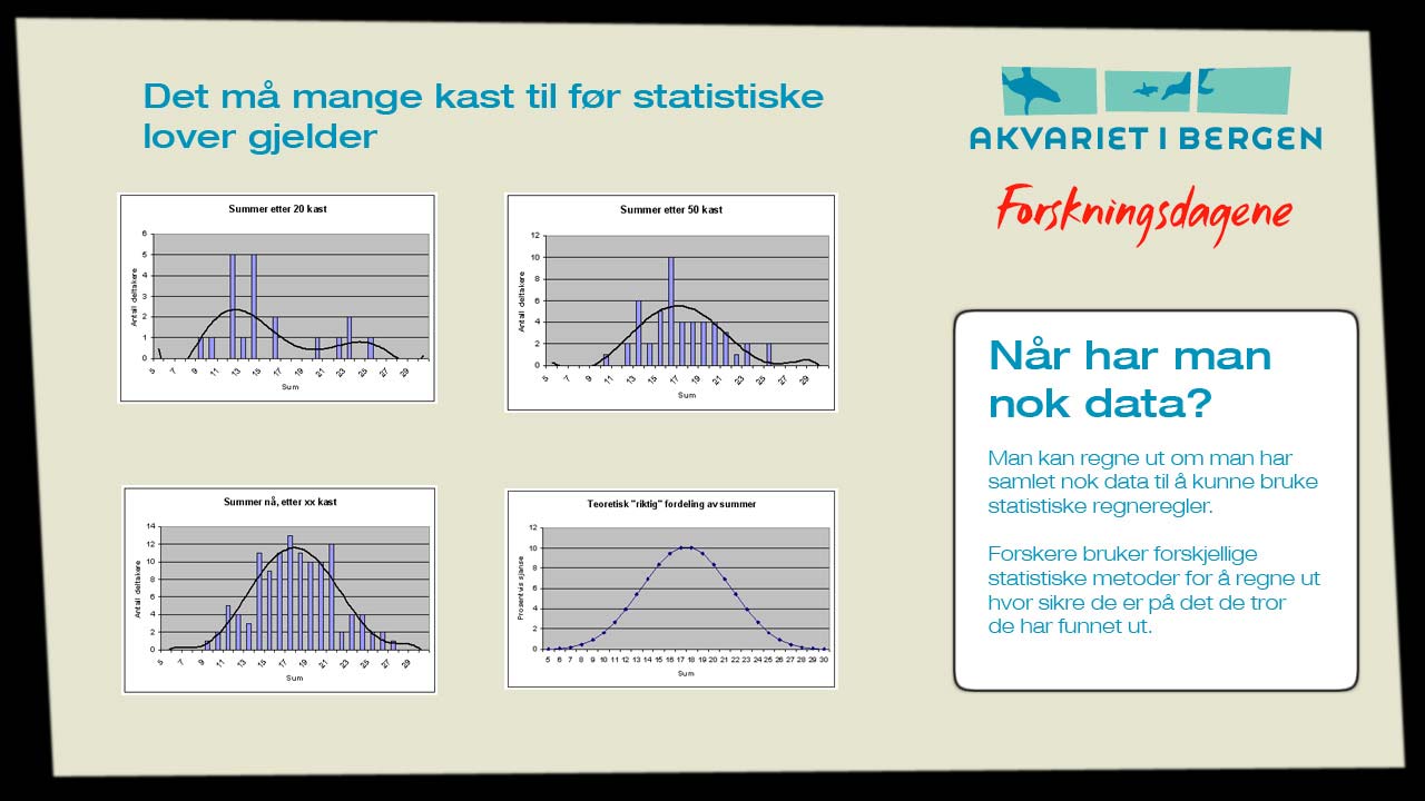 5. Det skal mange kast til før statistiske lover gjelder Det siste skjermbildet viser hvordan fordelingen av summer utvikler seg over tid.