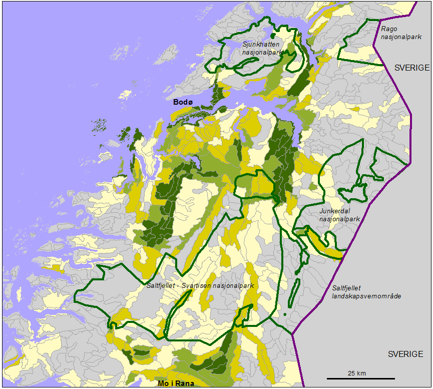 Figur 25. Prosentandel av marmor i landskapsområdene i undersøkelsesområdet, basert på berggrunnsgeologiske kart i målestokk 1:250 000.