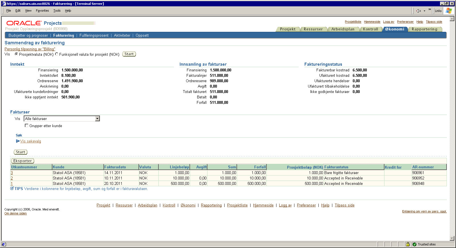 Når faktura er overført til kundemodulen (AR) vil status endres til Accepted in Receivables.