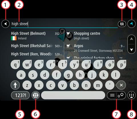 Angi søkeord Velg Søk i hovedmenyen for å begynne å søke etter adresser og POI-er. Søkeskjermen åpnes og viser tastaturet og følgende knapper: 1. Tilbake-knapp.