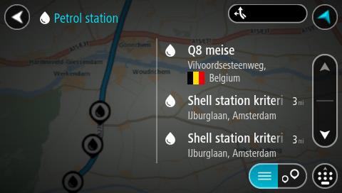 Hvis en rute er planlagt, viser kartet bensinstasjoner langs ruten. Hvis en rute ikke er planlagt, viser kartet bensinstasjoner nær din gjeldende posisjon.