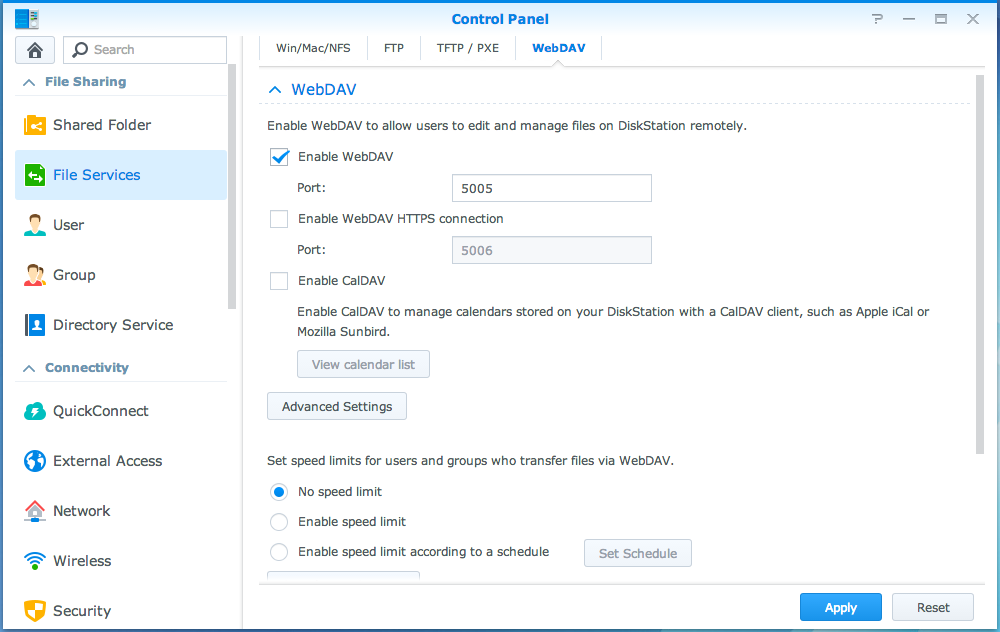 Brukerveiledning for Synology NAS Tilgang til filer via WebDAV Ved å aktivere WebDAV eller CalDAV (i Kontrollpanel > Filtjenester > WebDAV),