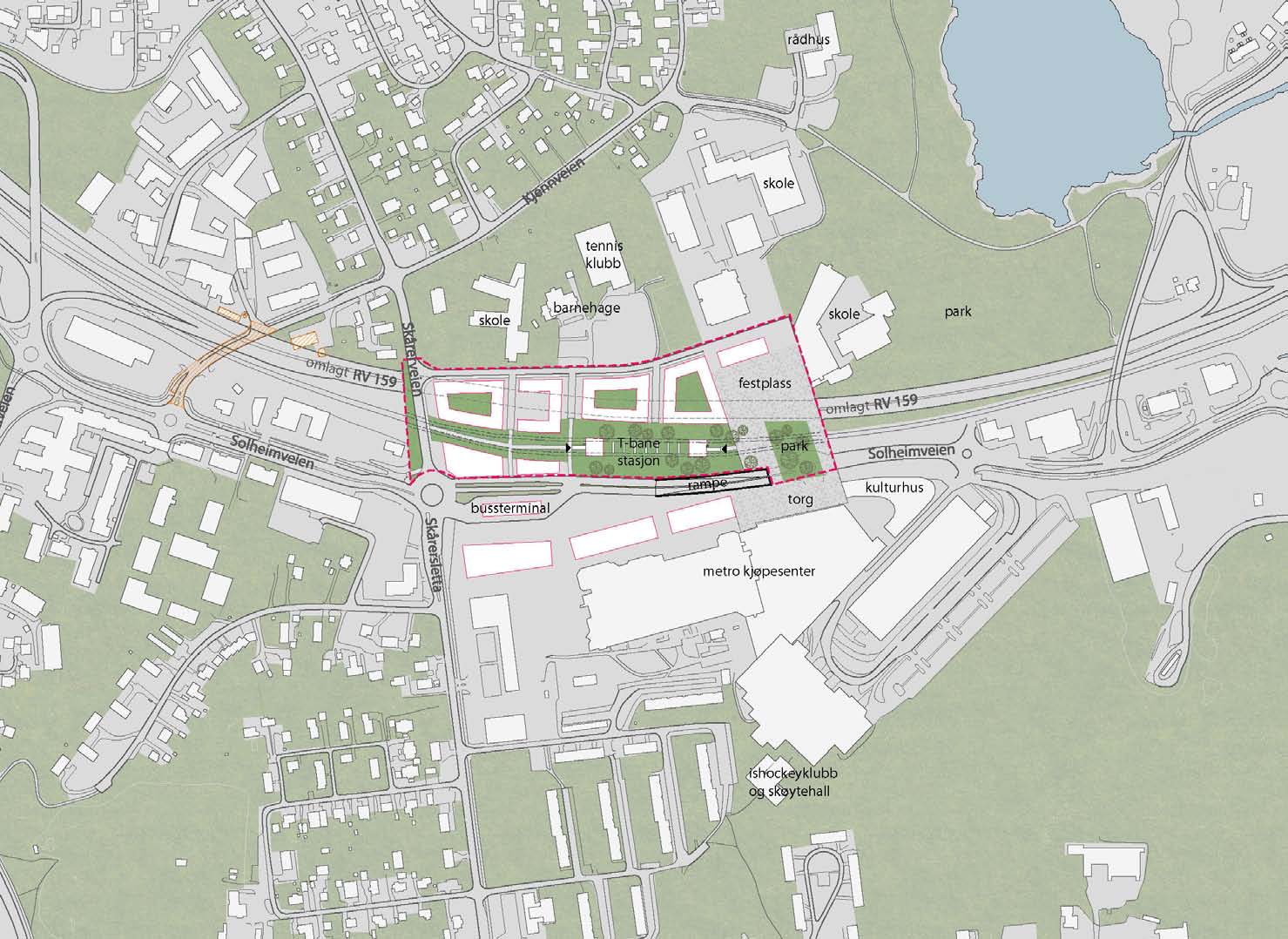 8.3 Konsept - stasjonsløsning med lokk I illustrasjonsplansskissen er det vist en et grønt lokk over T-banetraséen og stasjonen er plassert midt mellom sentrum nord og sentrum sør.