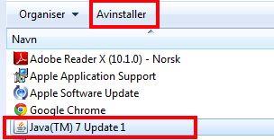 På listen som fylles ut så blar du ned til du finner Java. Her skal du markere Java og velge Fjern eller Avinstaller: Finn Java på listen, velg så avinstaller.