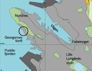 Gangsti til skolen Nordnesparken Verftsplassen 1 10 20 30 5.4 Beliggenheten i forhold til byen. 5.5 Nordneshalvøya og beliggenheten i forhold til byen.