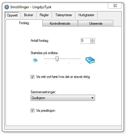 5.1 Forskjeller mellom Lingdys og Lingdys Tysk Det er enkelte forskjeller mellom de to programmene: Under valget "Oppsett" kan ordlisten gjerne gjøres mindre enn på norsk.