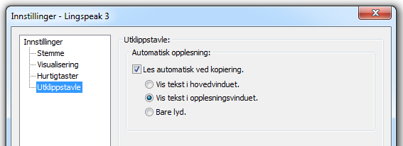 8.6.3 Hurtigtaster Her finner du tastekombinasjoner som er svært praktiske å bruke når selve Lingspeak-vinduet (hovedvinduet) er lukket.