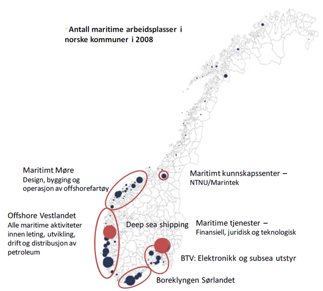 Figur 3.2 Kart over den norske maritime klyngen (Jakobsen & Espelien, 2011). Av figur 3.