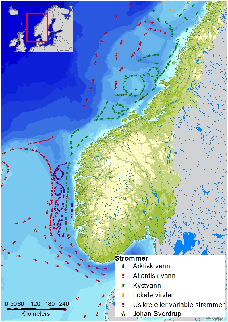 Figur 7-9 Strømmer i østlige deler av Nordsjøen og sørlige Norskehavet (Sætre, 1999).